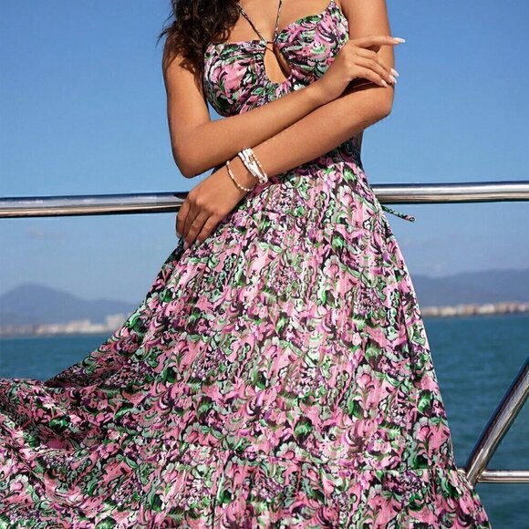 Multicolor Boho Women's Plant Pattern Print Backless Spaghetti Strap Dress - Picture 4 of 6